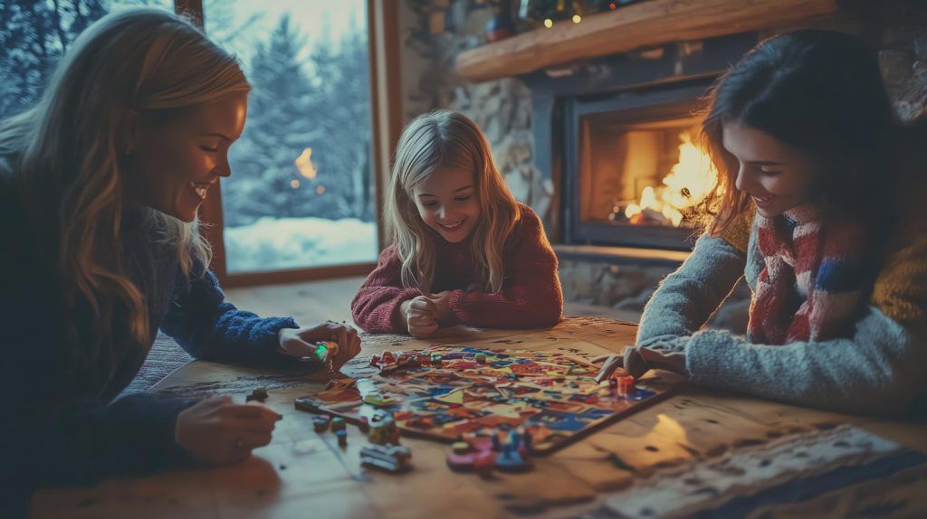 Copii in tabără de ski, jucând diferite jocuri, ca activități de prânz