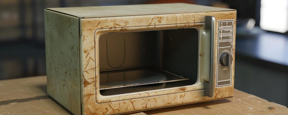 Cuptor cu microunde vintage așezat pe blatul unei bucătării